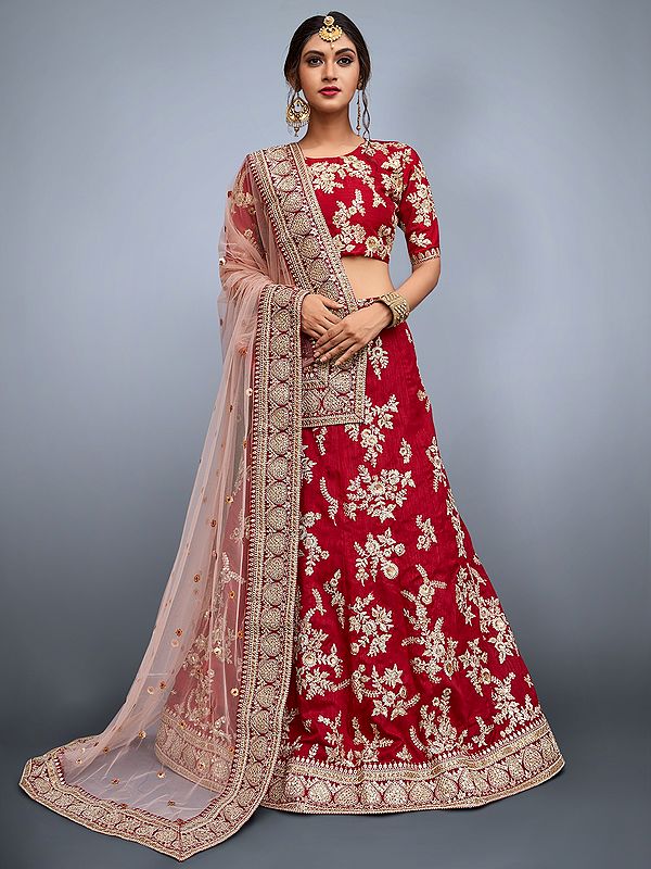 Garnet-Red Art Silk Designer Lehenga Choli with All Over Zari Sequin Work and Soft Net Dupatta