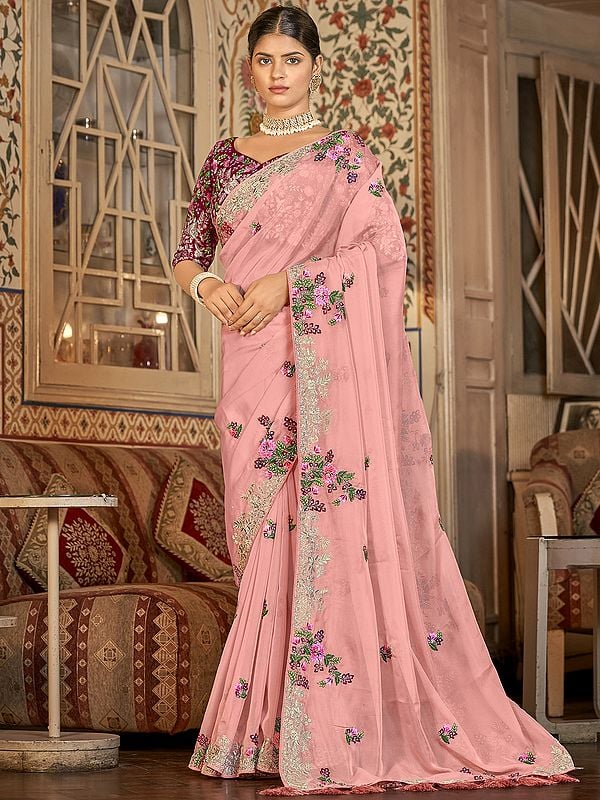 Baby-Pink Organza Saree With Art Silk Blouse And Floral Bail Zari, Thread Work