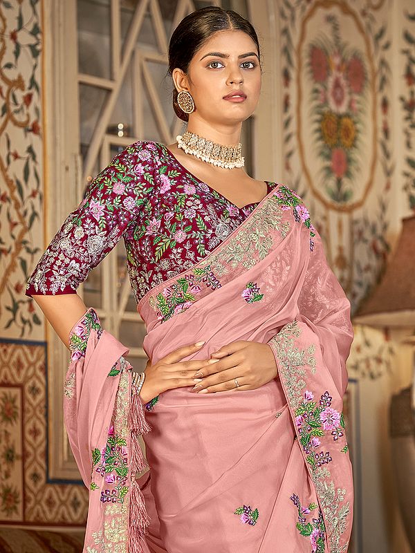 Baby-Pink Organza Saree With Art Silk Blouse And Floral Bail Zari ...