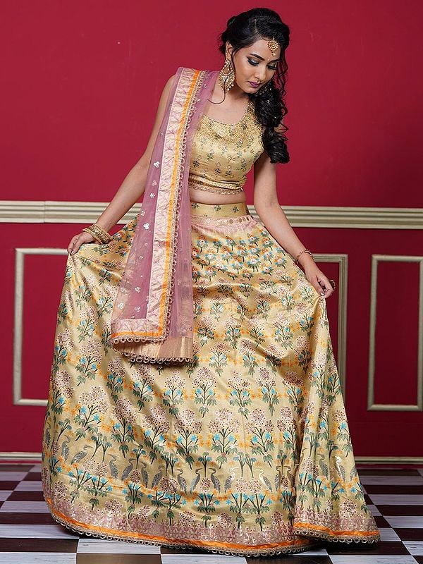 Lime-Yellow Silk Bird-Floral Digital Printed Lehenga Choli with Swarovski, Gota Work and Soft Net Dupatta