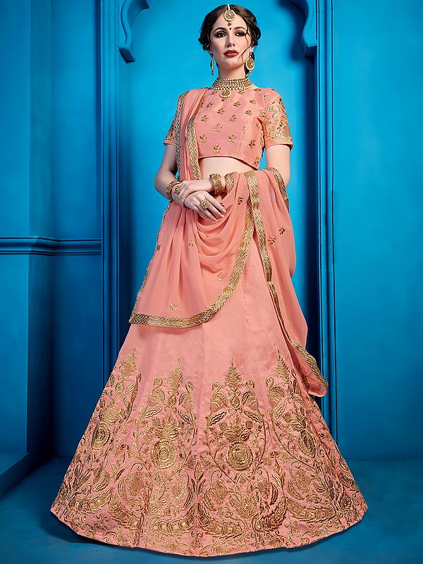 Coral-Peach Art Silk Lehenga Choli with All Over Zari Sequin Embroidery and Soft Net Dupatta