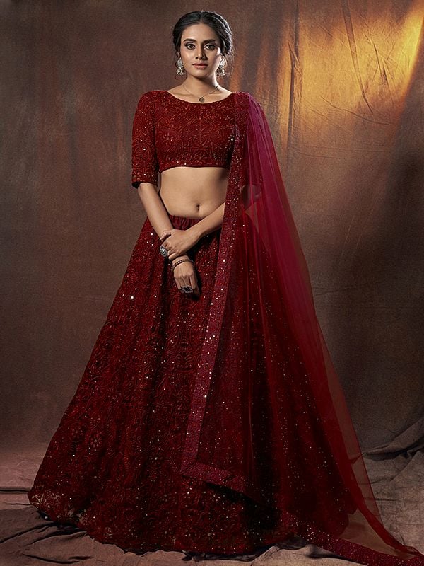 Soft Net Lehenga Choli with All-Over Mango Bail Butta Sequins-Thread Work and Dupatta