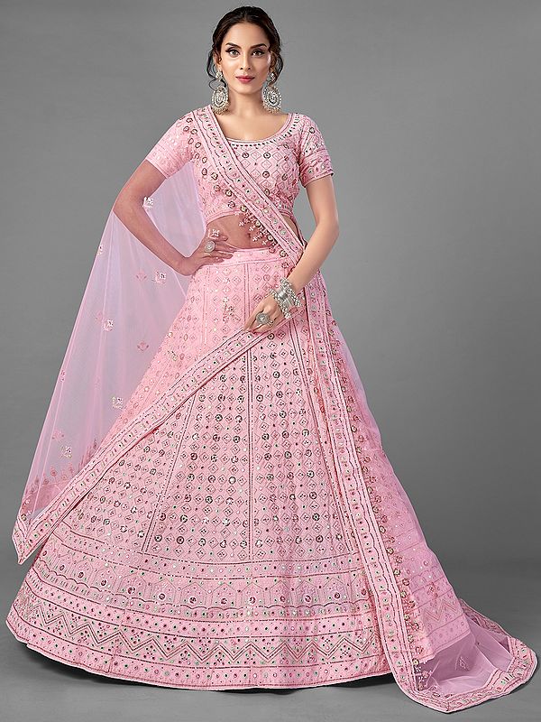 Pink Georgette Chakra-Chowkadi Motif Lehenga Choli with Sequins, Foil Mirror Work and Soft Net Dupatta