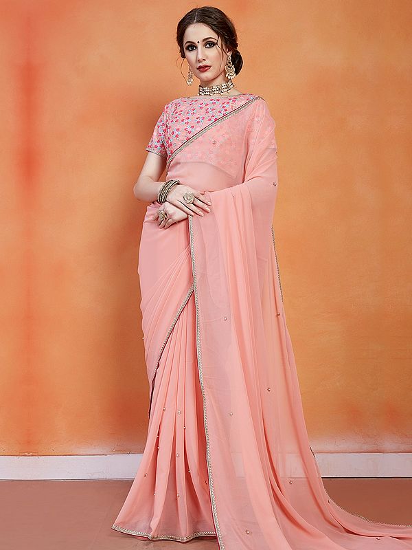 Peach Georgette Designer Saree with Banglori Silk Floral Pattern Blouse and Thread-Zari Work