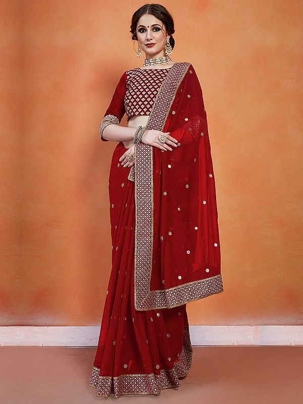 Red Georgette Chakra Pattern Sequins-Zari Work Saree with Banglori Silk Blouse