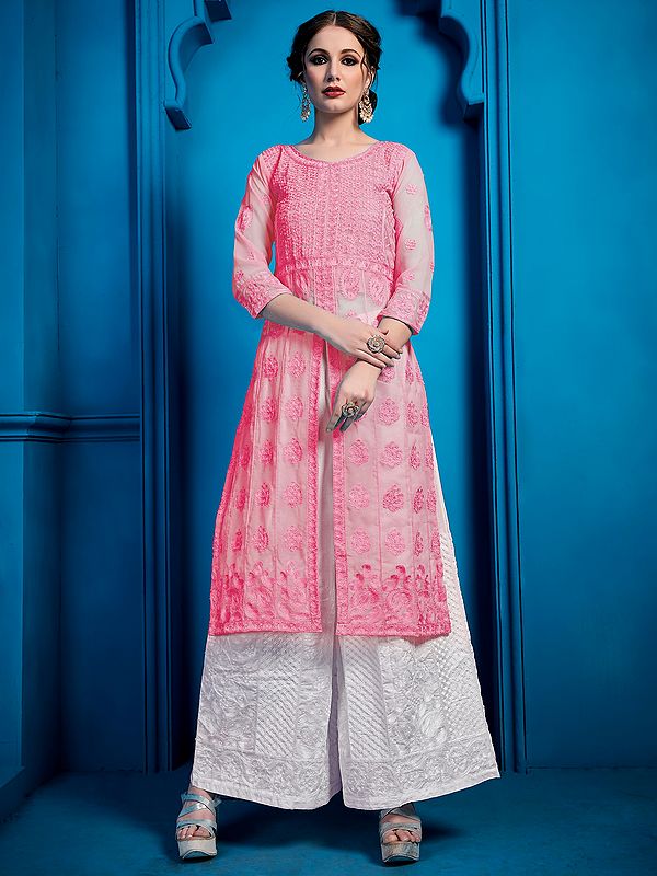 Georgette Front Cut Kurta Suit With Palazzo Pants And All-Over Chikankari Work