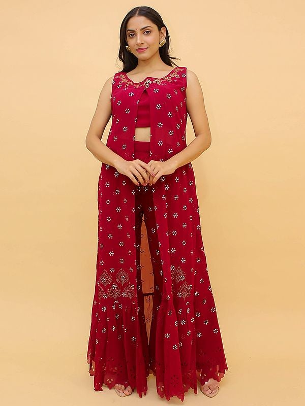 Georgette Sharara Set With Jacket And Blouse And All Over Rubber Print