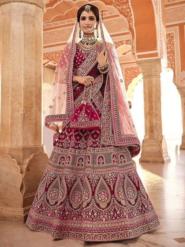 Pink Velvet Bridal Mughal Butta Lehenga Choli With Zari, Zarkan, Thread, Zardozi Work And Soft Net Dupatta
