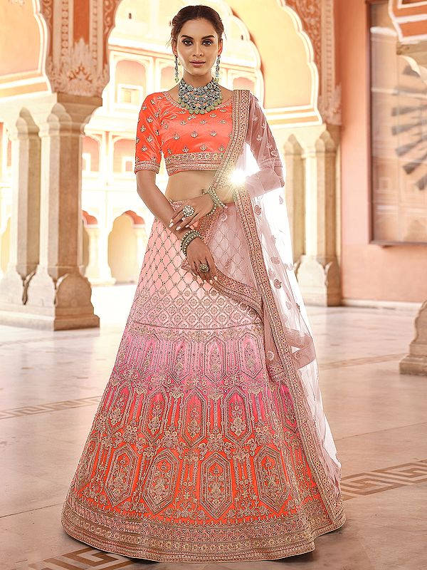 Velvet Ombre Lehenga Choli with Handwork, Thread, Dori, Zarkan Work and Soft Net Dupatta