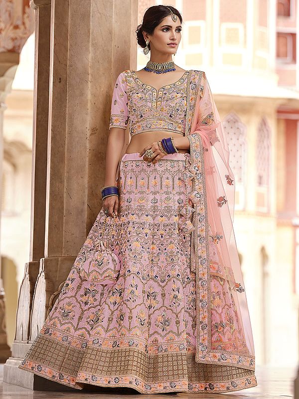 Crepe Mughal Floral Motif Lehenga Choli with All-Over Swarovski, Sequins, Dori Work and Soft Net Dupatta