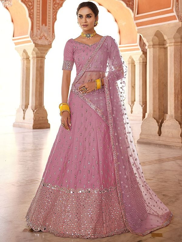 Art Silk A-Line Lehenga Choli with Real Mirror-Zari Work and Soft Net Dupatta