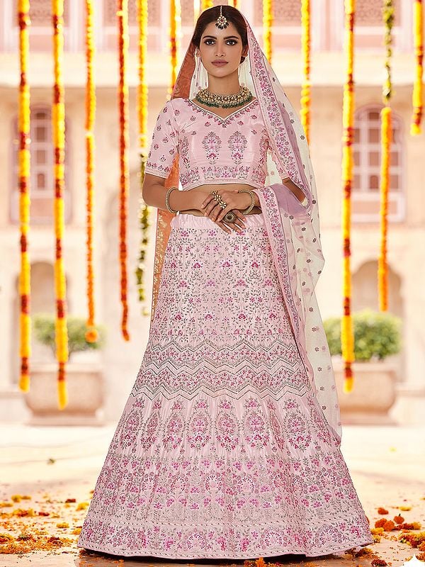 Crepe Anarkali-Bail Motif Lehenga Choli with Sequins, Thread, Zarkan Work and Soft Net Dupatta