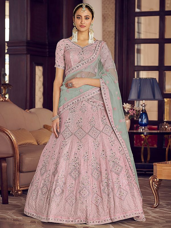 Crepe Floral Chowkadi Motif Lehenga Choli with Thread, Sequins, Zarkan Work and Soft Net Dupatta