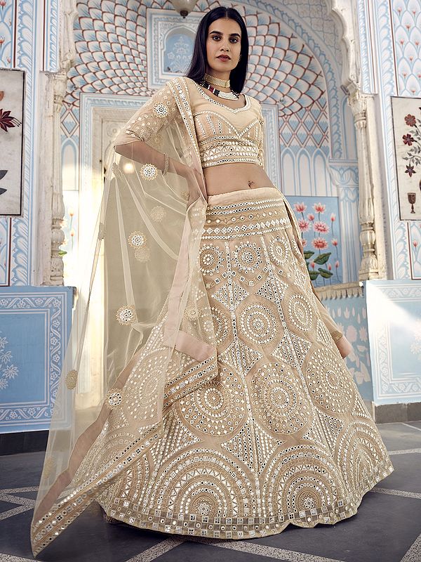 Cream Organza Chakra-Chowkadi Pattern Lehenga Choli with Thread, Foil-Mirror Work and Soft Net Dupatta