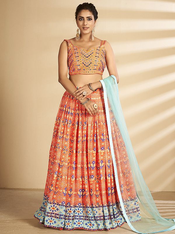 Spicy-Orange Art Silk Printed Lehenga Choli with Foil Mirror Work and Designer Dupatta