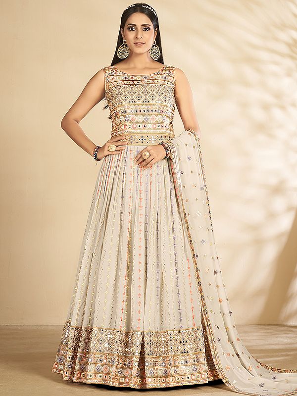 After-Glow Georgette Long Anarkali Slevesless Desinger Gown With Foil Mirror Work and Designer Dupatta