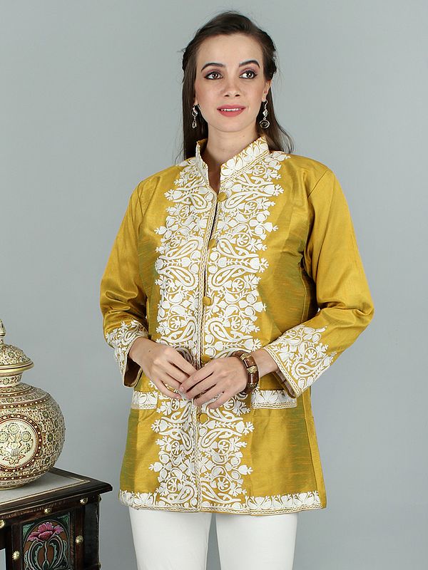 Arrowwood Art Silk Short Jacket From Kashmir With White Aari-Embroidered Paisley Floral Motif