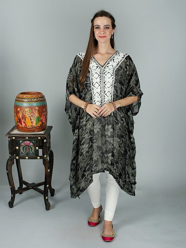 Caviar-Black Mid Length Crepe Cotton Kaftan With White Floral Aari Embroidery