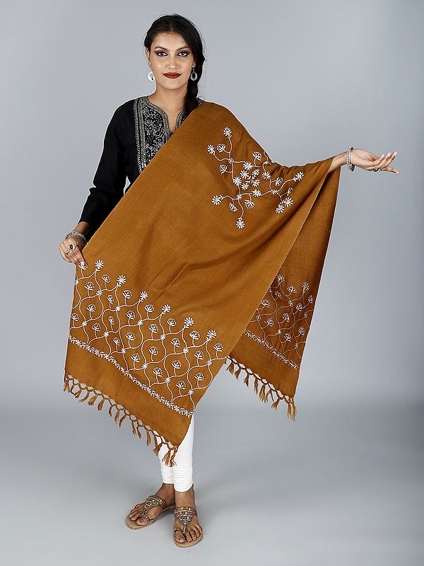 Handwoven Pure Wool Stole From Uttarakhand With Floral Embroidery And Tassels