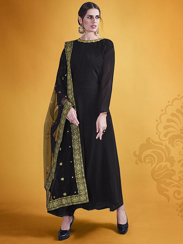 Black Georgette Full Sleeves Anarkali Suit With Zari-Sequins Embroidered Soft Net Dupatta