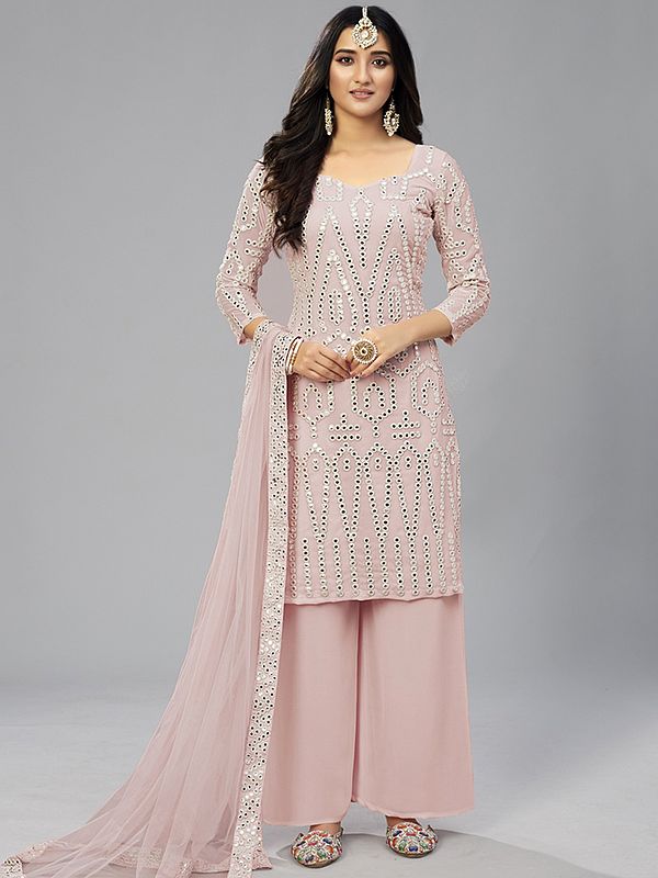 Baby-Pink Georgette Soft Net Thread-Foil-Mirror Embroidered Kurta Suit With Palazzo Pants And Soft Net Dupatta