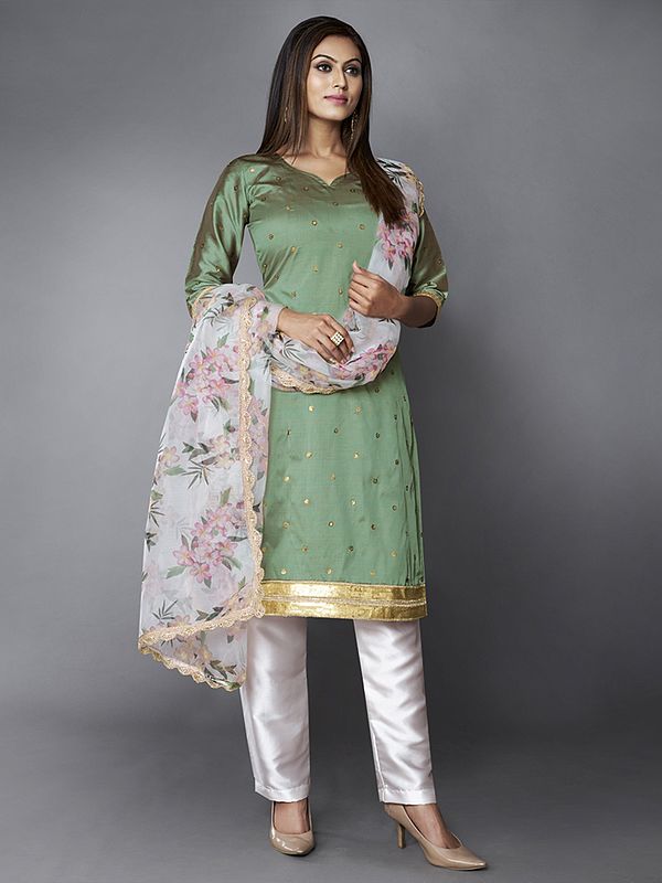 Olive-Green Art Silk Bundi Sequins Work Kurta With Straight Pant And Organza Floral Digital Printed Dupatta