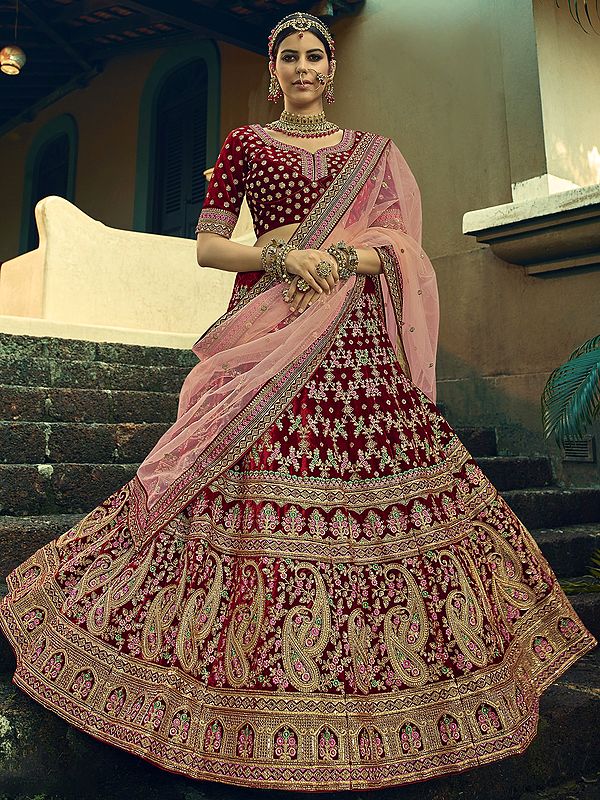 Garnet-Red Velvet Silk Bridal Lehenga Choli with All Over Zari Sequin Work and Soft Net Dupatta