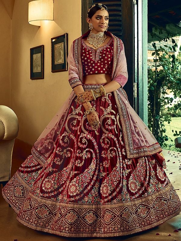 Bittersweet Velvet Silk Bridal Lehenga Choli All Over Mango Leaf Design Embroidery and Designer Dupatta