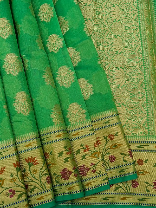 Irish-Green Banarasi Cotton Saree With Zari Floral Butta On The Body And Meena Bail Pattern Border
