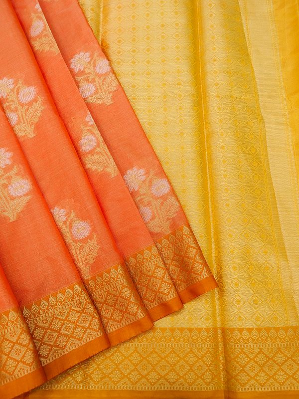 Tangerine Banarasi Cotton Saree With All Over Flower Bunch Pattern And Chowkadi Motif Border-Pallu