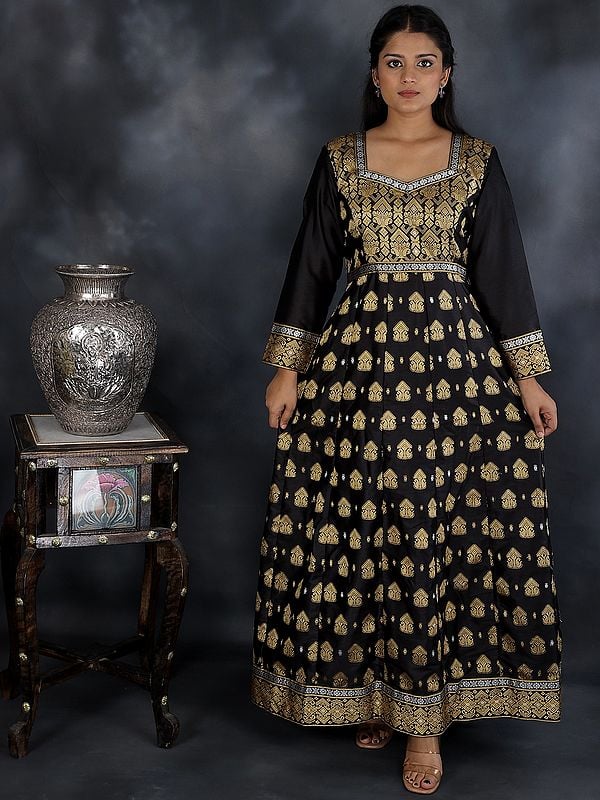 Black-Beauty Pure Silk Anarkali Dress With Resham Floral-Geometric Brocade Pattern