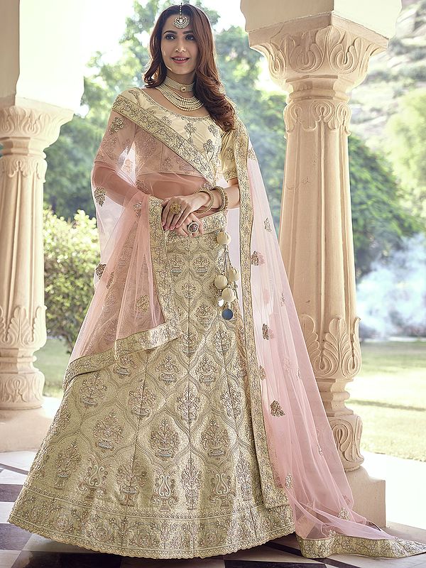 Bleached-Sand Crepe Lehenga Choli With Heavy Zari Topaz Crystals Design And Designer Dupatta