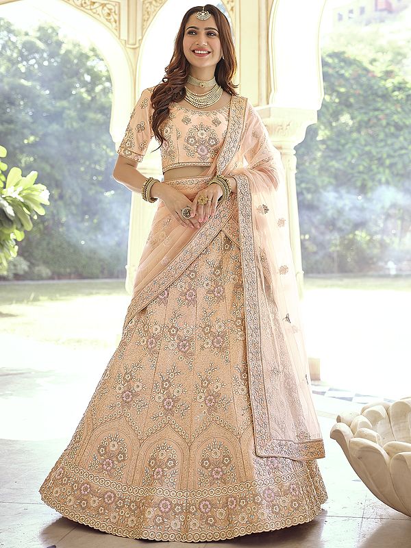 Peach-Amber Crepe Lehenga Choli with Mughal Motif Stone Dori Work and Soft Net Dupatta