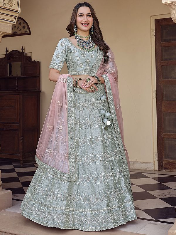 Steel-Gray Crepe Lehenga Choli with All Over Embroidered Floral Sequins and Beautiful Dupatta