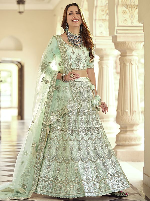 Sea-Green Crepe Lehenga Choli with All Over Cut Dana Work and Designer Dupatta