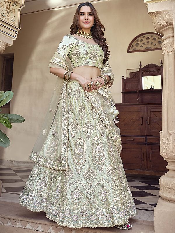 Pista-Green Crepe Lehenga Choli with All Over Colorful Thread Embroidery and Sheer Dupatta
