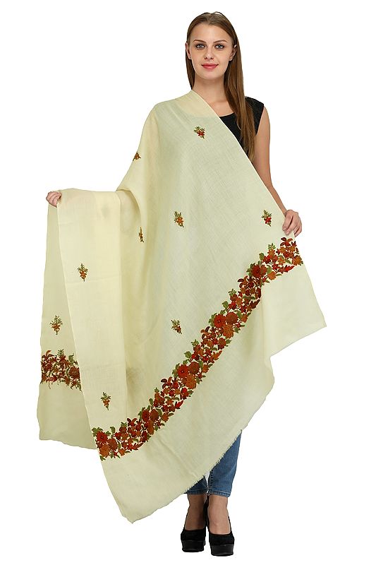 Antique-White Pure Wool Shawl from Amritsar with Multicolor Handmade Floral Aari-Embroidered Motif