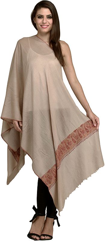 Irish-Cream Plain Wool Sozni Stole with Paisley-Floral Embroidery on Border from Kashmir