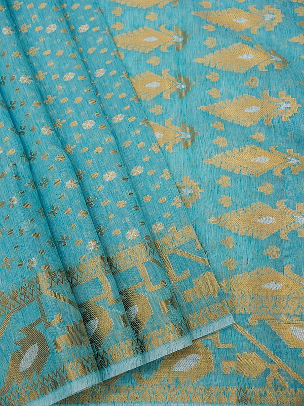 Dhakai Jamdani Banarasi Saree With Floral Motif On The Body And Geometric Butta Pattern On Pallu-Border