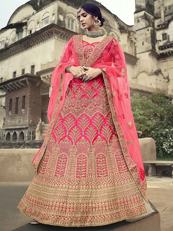 Satin Floral Mughal Motif Bridal Lehenga Choli with All-Over Glitter Dori, Zari, Stone, Thread Work and Soft Net Dupatta