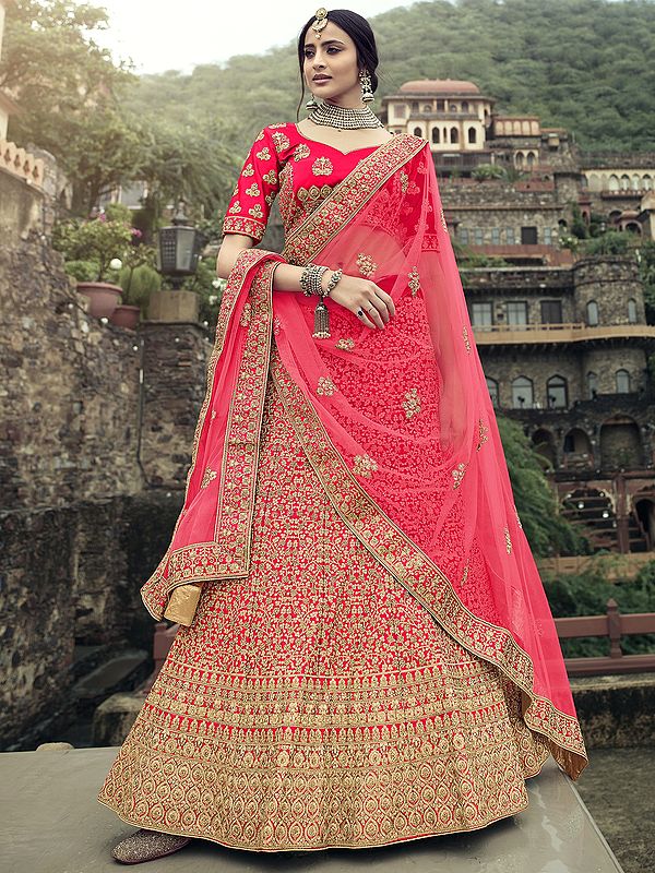 Satin Floral Bail Butta Pattern Lehenga Choli with Heavy Glitter Dori, Stone, Thread Embroidery and Soft Net Dupatta