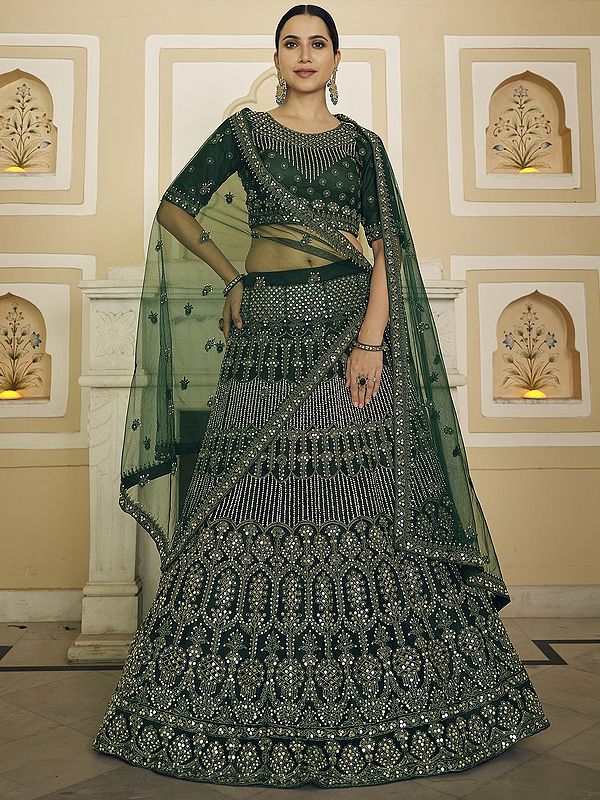 Green Soft Net Bridal A-Line Lehenga Choli with All-Over Dori-Mirror Work and Designer Dupatta