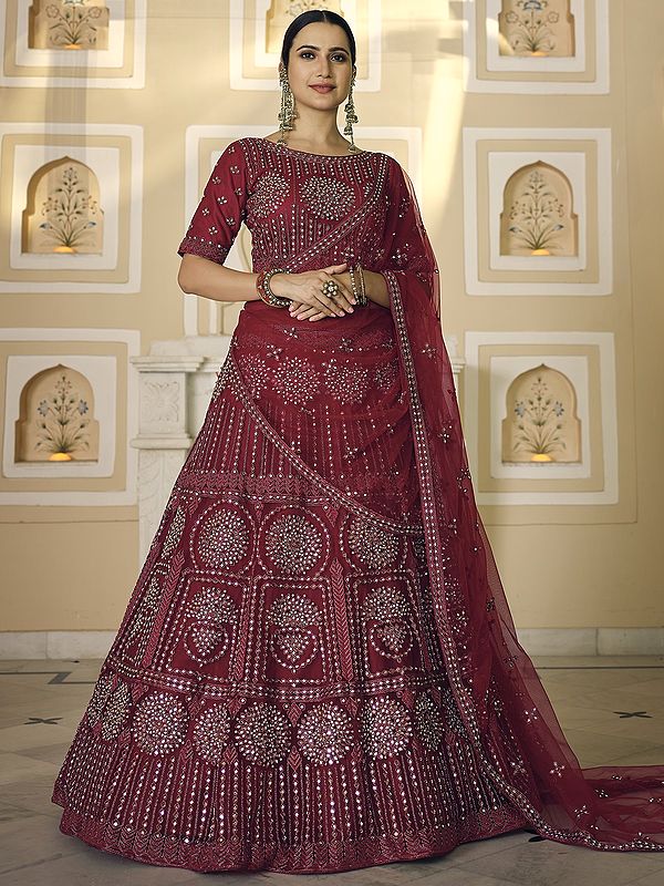 Maroon Soft Net Chakra-Laddi Motif Lehenga Choli with Beautiful Dori-Mirror Work and Designer Dupatta