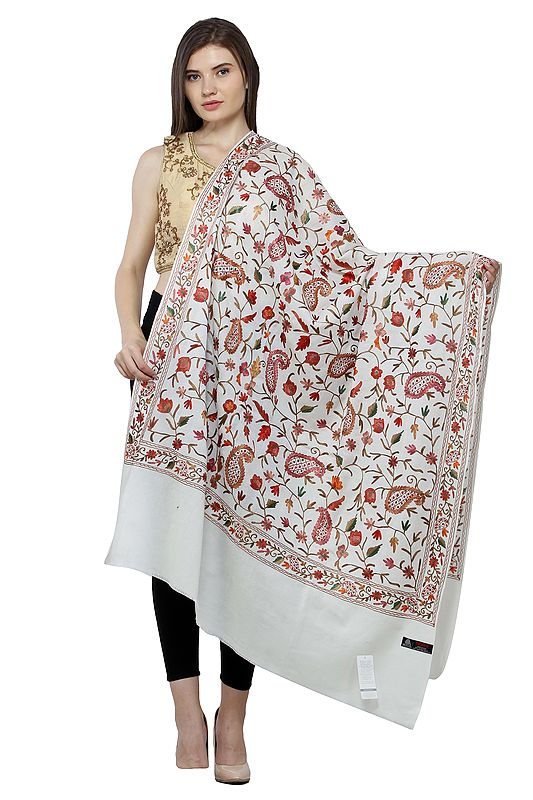 Antique-White Pure Wool Shawl With Aari Embroidered Multicolor Floral-Paisley Vine