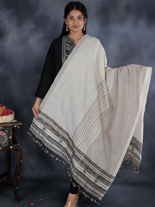 Seedpearl Shawl with Contrast Woven Stripes Pattern