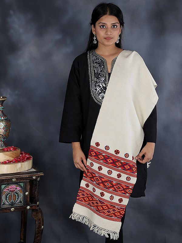 Antique-White Kullu Woolen Scarf with Kinnauri Bold Multicolor Woven Border