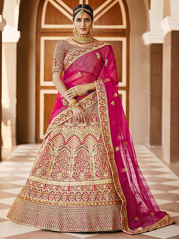 Rose-Pink Velvet Bridal Lehenga Choli With Mughal Motif Stone Dori Work And Designer Dupatta