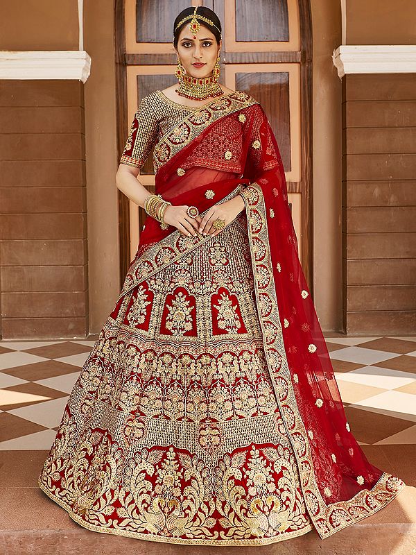 Red Velvet Bridal Lehenga Choli With All Over Embroidered Flower-Peacock Design and Sequins with Beautiful Dupatta