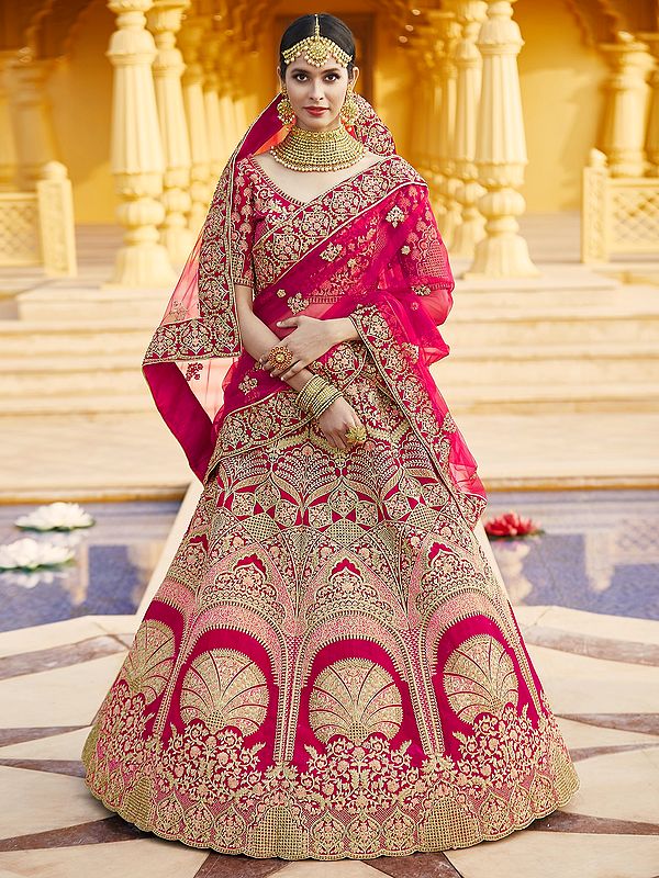 Velvet Bridal Lehenga Choli with Zari floral motifs and Sheer Dupatta