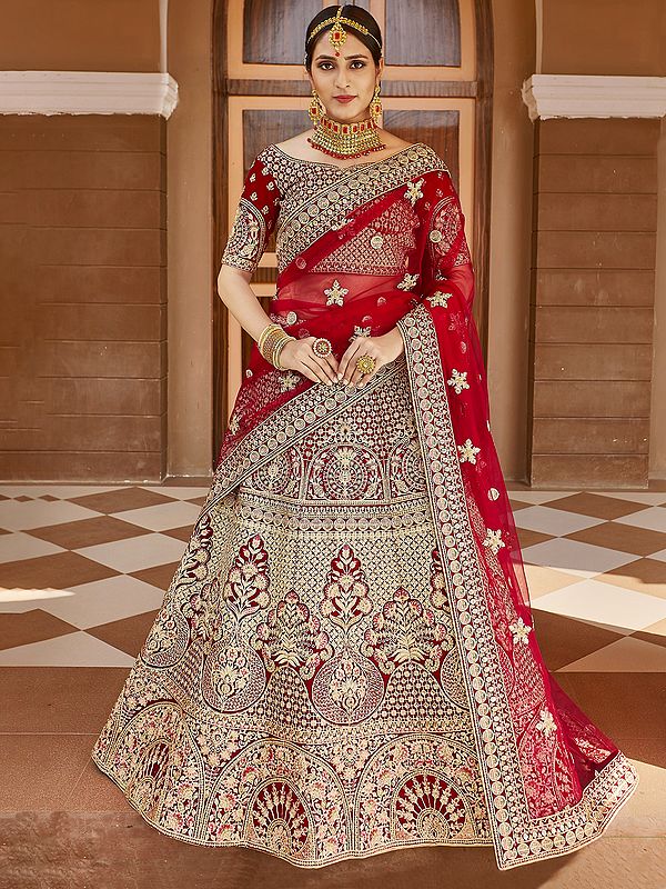 Velvet Bridal Lehenga Choli with All Over Embroidered Flower-Sequins Motif and Beautiful Dupatta